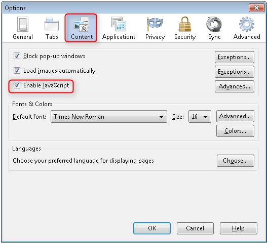 Capture d’écran montrant la fenêtre Options. Le contenu est sélectionné et l’option Activer le script Java est cochée.