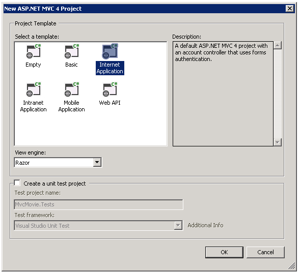 Capture d’écran montrant la fenêtre Projet New A S P dot NET M V C 4. Le modèle d’application Internet est sélectionné.