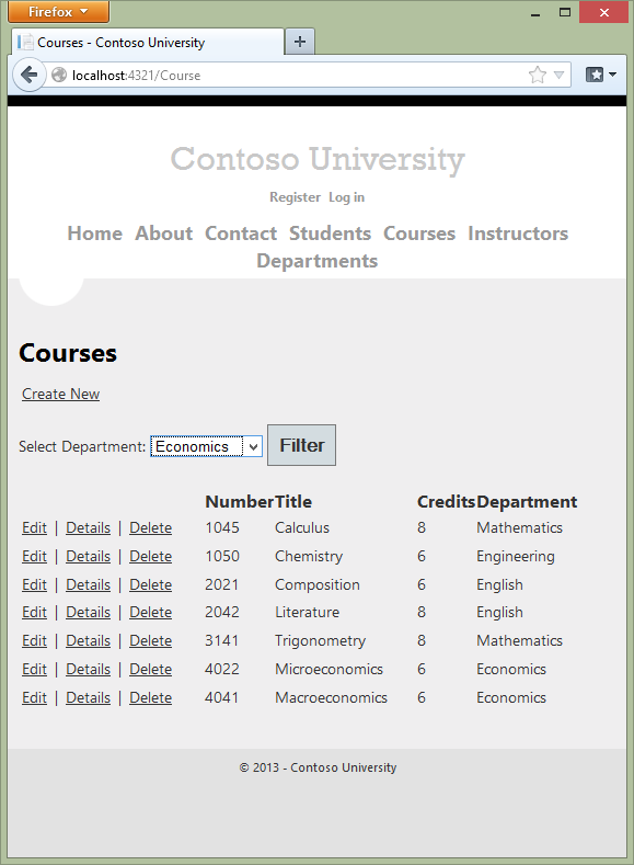 Capture d’écran montrant la page Index de cours avec le Département économique sélectionné.