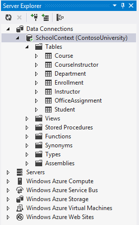 Capture d’écran montrant la base de données de l’Explorateur de serveurs. Le nœud Tables est développé.