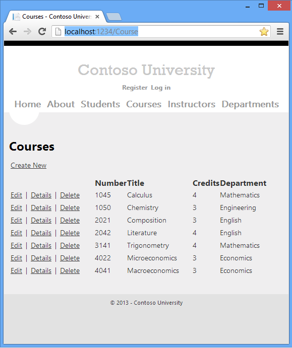 Capture d’écran montrant la page Contoso University Courses Index.