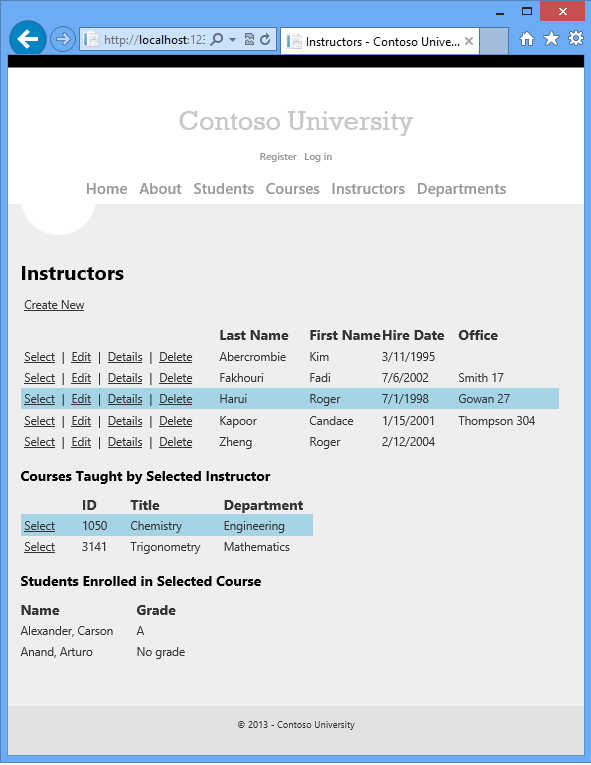 Capture d’écran montrant la page Contoso University Instructors Index avec un instructeur et l’un de ses cours sélectionnés.