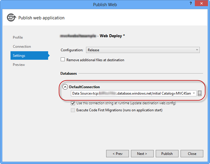 Chaîne de connexion pointant vers SQL Database