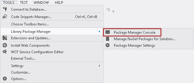 Ouverture de la console NuGet Gestionnaire de package