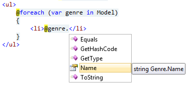 Capture d’écran du code « boucle foreach », avec une fenêtre de menu déroulant et l’option « name » sélectionnée avec « string Genre dot name » en regard de celle-ci.