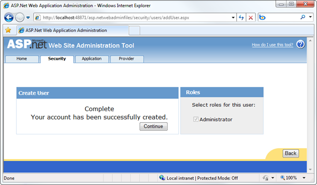 Capture d’écran du site web de configuration montrant un message indiquant que la création du compte d’utilisateur s’est terminée avec succès.