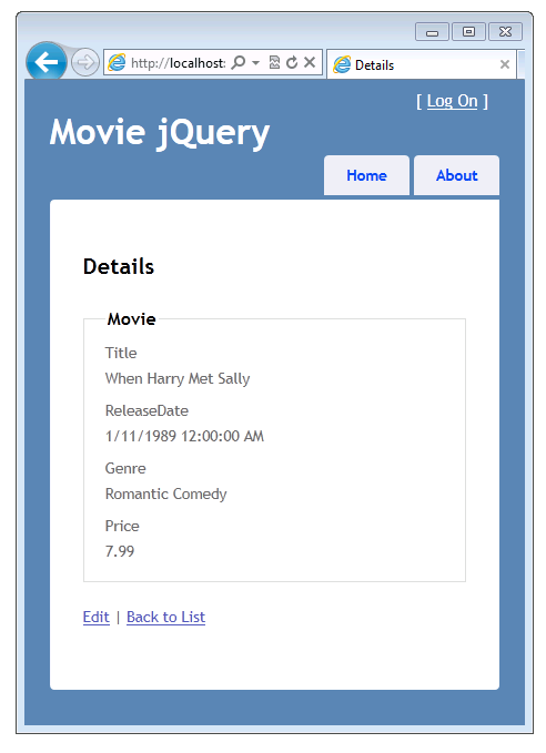 Capture d’écran de la fenêtre Movie jQuery montrant l’affichage Détails avec les valeurs définies du film affichées après les modifications apportées au fichier Movie dot cs.