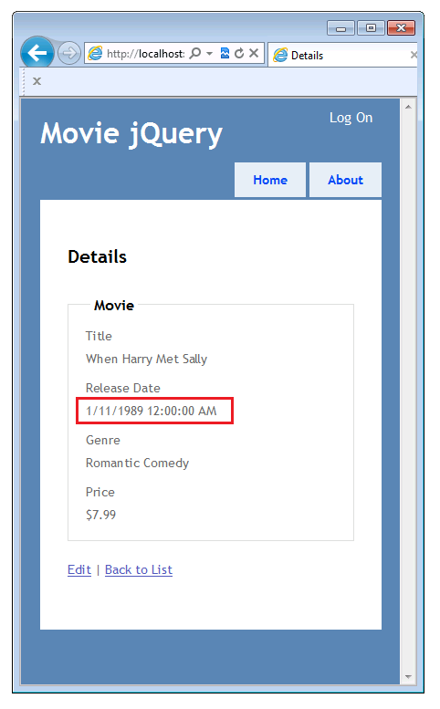 Capture d’écran de la fenêtre Movie jQuery montrant la vue Détails avec la propriété Date de publication mise en surbrillance avec un rectangle rouge.