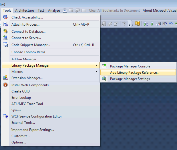 Image montrant la version de Visual Studio pour accéder au Gestionnaire de package Nu Get