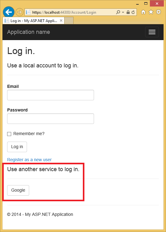 Capture d’écran montrant la page My A S P P dot NET Log in. La boîte de dialogue Utiliser un autre service pour se connecter et le bouton Google sont mis en surbrillance.