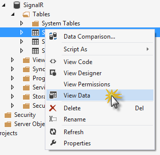 Afficher la table des messages de fond de panier SignalR