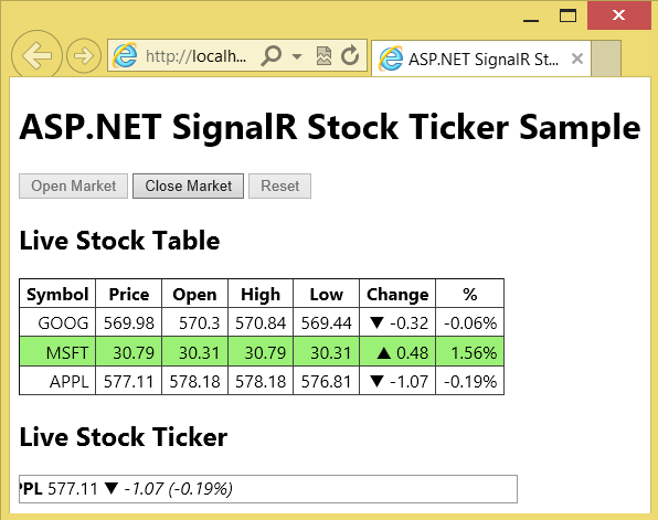 Capture d’écran de l’écran A S P dot NET Signal R Stock Ticker Sample qui s’affiche dans une fenêtre de navigateur Internet Explorer.