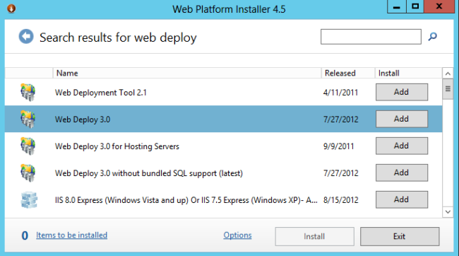 Capture d’écran de l’écran de résultats de recherche 4 point 5 du Programme d’installation web avec l’option Web Deploy 3 point 0 mise en surbrillance.