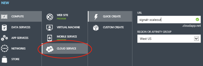 Capture d’écran du volet NOUVEAU avec l’option service cloud et l’icône en surbrillance dans l’application, ainsi qu’un cercle rouge.