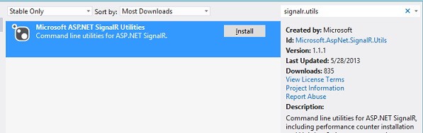 Capture d’écran montrant Microsoft A S P dot NET Signal R Utilities Utilitaires de ligne de commande pour A S P dot NET Signal R mis en surbrillance.