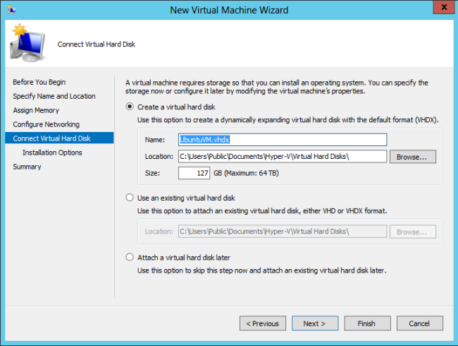 Capture d’écran montrant la boîte de dialogue Assistant Nouvelle machine virtuelle. Connecter un disque dur virtuel et Créer un disque dur virtuel sont sélectionnés.