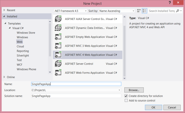 Capture d’écran montrant la boîte de dialogue Nouveau projet. Le modèle D’application web A SP dot NET M V C 4 est sélectionné.