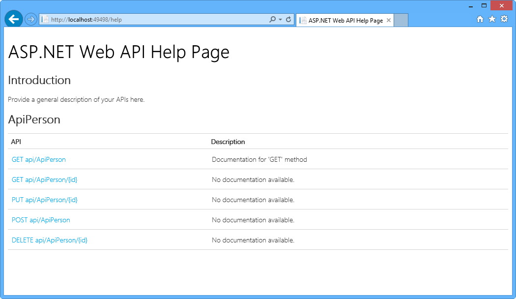 page d’aide API Web ASP.NET