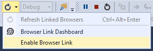 Capture d’écran de Visual Studio, avec activer le lien de navigateur affiché et décoché dans le menu déroulant Lien du navigateur.