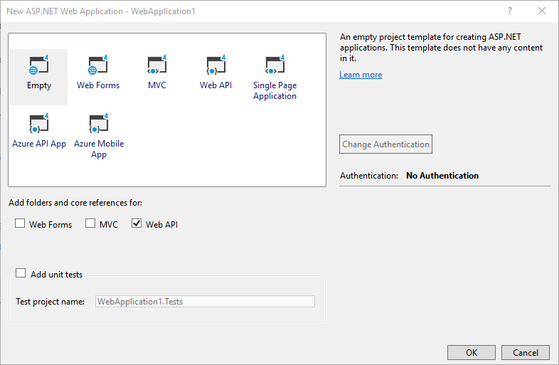 Capture d’écran de la boîte de dialogue Nouveau projet point NET avec la case Web A P I sélectionnée pour configurer automatiquement le code de configuration.