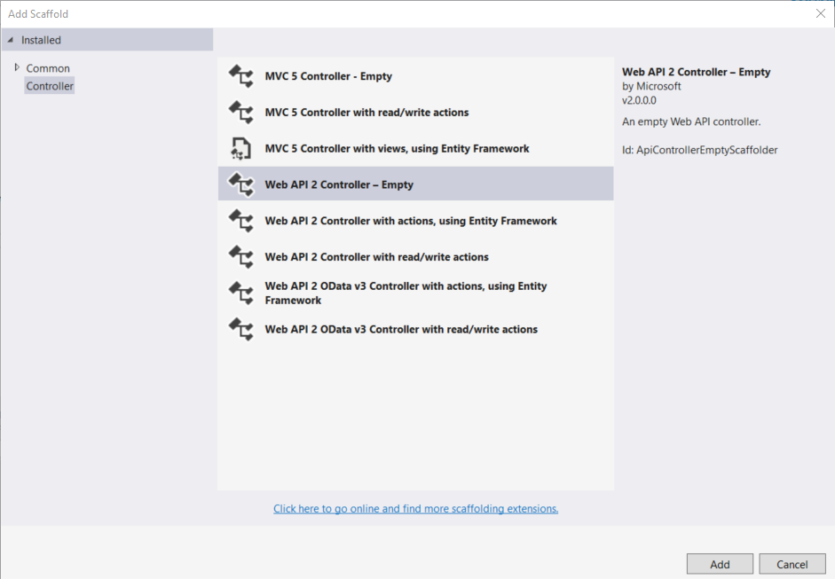 Capture d’écran montrant les options de menu de la boîte de dialogue « Ajouter une structure », mettant en évidence l’option vide du contrôleur Web A P I.