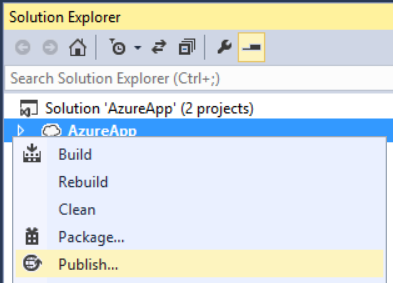 Capture d’écran des options de menu de la fenêtre de l’Explorateur de solutions, qui met en évidence les étapes à suivre pour déployer ou publier le projet.