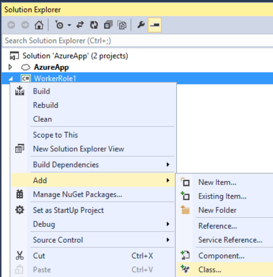 Capture d’écran de la fenêtre de l’Explorateur de solutions, montrant les options de menu et mettant en surbrillance le chemin d’accès à l’ajout d’une classe.