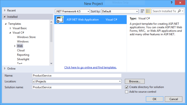 Capture d’écran de la fenêtre du nouveau projet, montrant le chemin d’accès au volet modèle et affichant des instructions mises en surbrillance pour sélectionner l’option Application web A S P.P. dot NET.