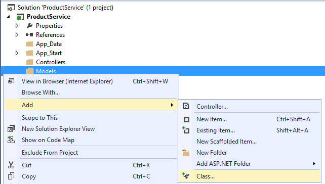 Capture d’écran de la boîte de dialogue Explorateur de solutions, montrant la liste des menus de chaque sélection, à mesure qu’elle met en surbrillance chacune, en tête de l’option de classe.