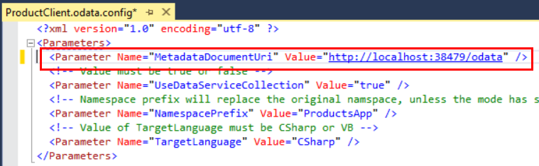 Capture d’écran du fichier de configuration O Data dot du client de produit, montrant un exemple d’U R I après avoir été collé dans l’élément parameter.