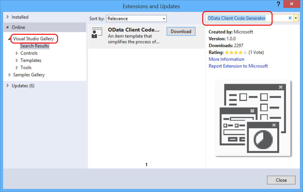 Capture d’écran de la boîte de dialogue extensions et mises à jour, montrant le menu permettant de télécharger et d’installer le générateur de code client V S I X pour O Data.