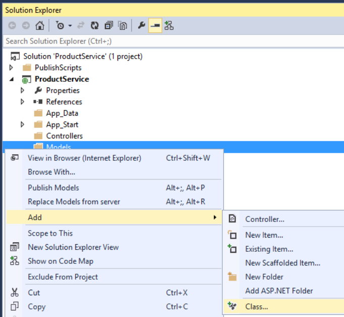 Capture d’écran de la fenêtre de l’Explorateur de solutions, mettant en surbrillance le chemin d’accès permettant d’ajouter un objet de classe de modèle au projet.