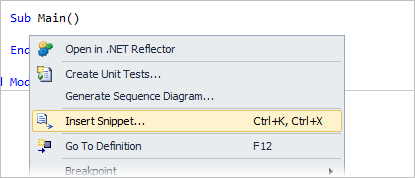 Cliquez avec le bouton droit sur l’emplacement où vous souhaitez insérer l’extrait de code, puis sélectionnez Insérer un extrait de code