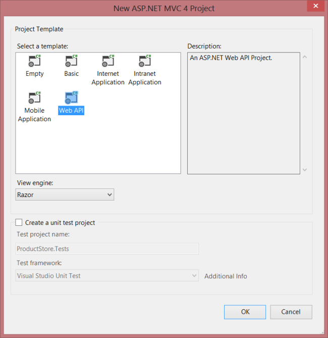 Capture d’écran du nouveau projet A S P dot NET, montrant des images encadrées de modèles disponibles et mettant en évidence le modèle Web A P I, en bleu.