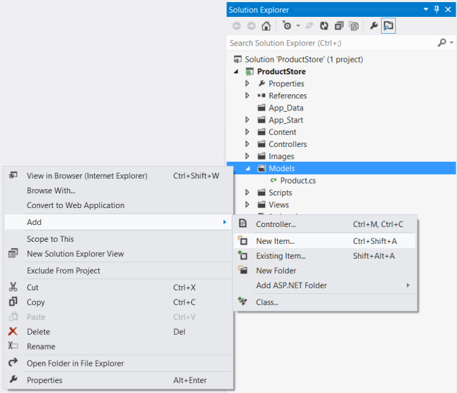Capture d’écran du menu de l’Explorateur de solutions, qui met en évidence l’option modèles et affiche un menu pour ajouter un nouvel élément.
