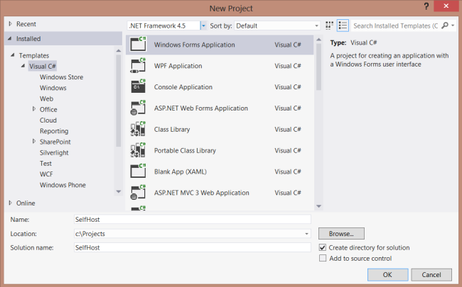 Capture d’écran de la boîte de dialogue Nouveau projet montrant l’élément Visual C# dans la liste des dossiers et l’élément Application Windows Forms, qui est mis en surbrillance en gris.