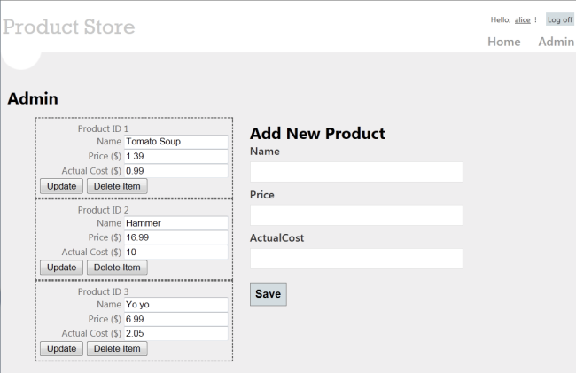 Capture d’écran d’une vue administrateur d’application de magasin simple.