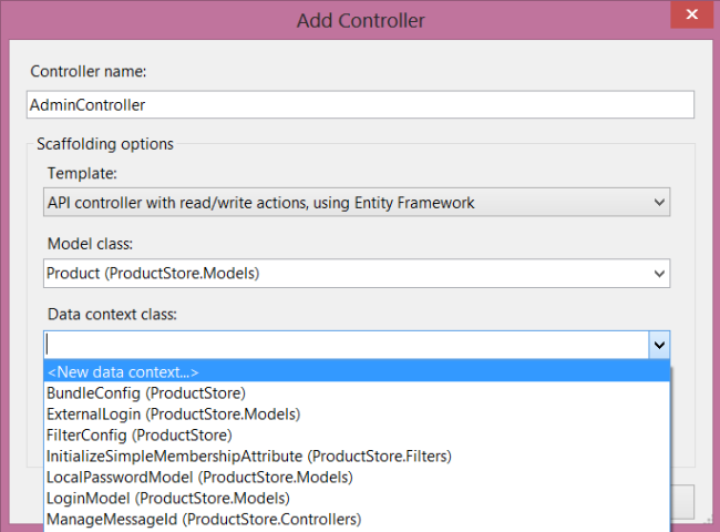 Capture d’écran de la boîte de dialogue Ajouter un contrôleur. Le menu de la classe de contexte de données est ouvert et le nouveau contexte de données est mis en surbrillance.