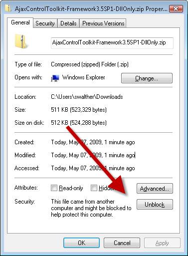 Déblocage du fichier ZIP ajax Control Toolkit