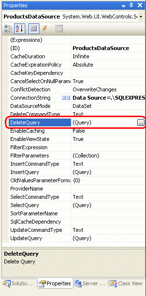 Capture d’écran montrant le Fenêtre Propriétés ProductsDataSource avec la propriété DeleteQuery sélectionnée.