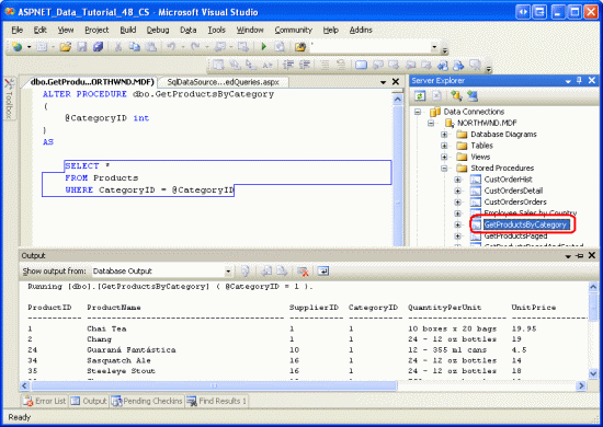 La procédure stockée GetProductsByCategory lorsqu’elle est exécutée avec une <span class=