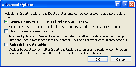 Capture d’écran montrant la fenêtre Options avancées avec la case à cocher Générer des instructions Insérer, Mettre à jour et Supprimer sélectionnée.