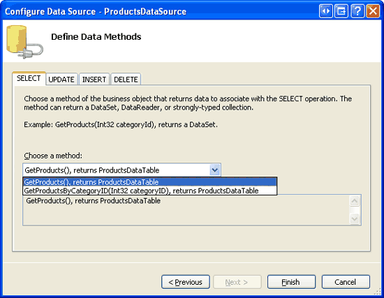 Les méthodes de la classe ProductsCL sont répertoriées dans le Drop-Down Listes