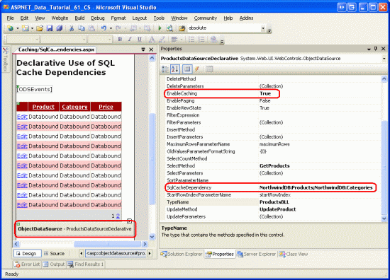 Configurer ObjectDataSource pour prendre en charge la mise en cache à l’aide de dépendances de cache SQL sur des produits et des catégories