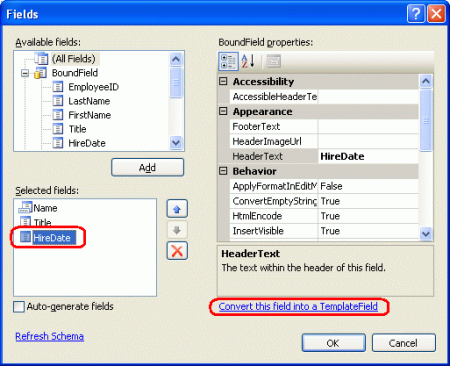 Convertir l’objet BoundField HiredDate en templateField