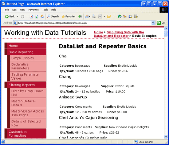 Chaque sortie du produit est rendue à l’aide de l’élément ItemTemplate de DataList