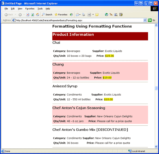 Capture d’écran montrant les produits répertoriés dans le contrôle DataList, avec le prix des produits dont le coût est supérieur à 20,00 $ remplacé par le texte « Veuillez appeler pour obtenir un devis de prix » et le texte « [DISCONTINUED] » ajouté au nom des produits abandonnés.