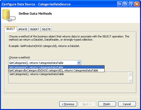 Configurer objectDataSource pour utiliser la méthode GetCategories de la classe CategoriesBLL