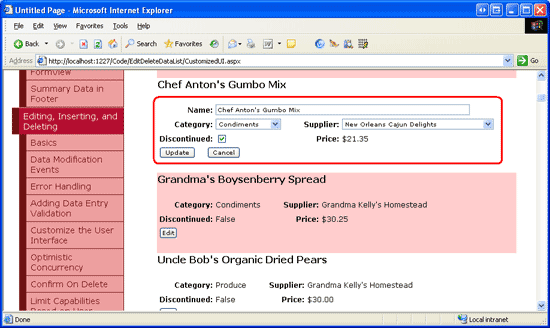 Capture d’écran montrant l’objet DataList EditItemTemplate après l’ajout de la syntaxe DataBinding et le bouton Modifier a été sélectionné.