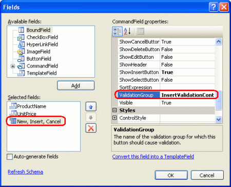 Définissez la propriété ValidationGroup de DetailsView sur InsertValidationControls